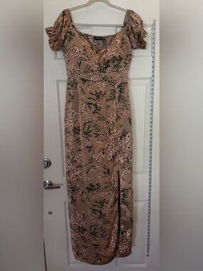 PrettyLittleThing Taupe Maxi Dress with Pink and Green Floral Print